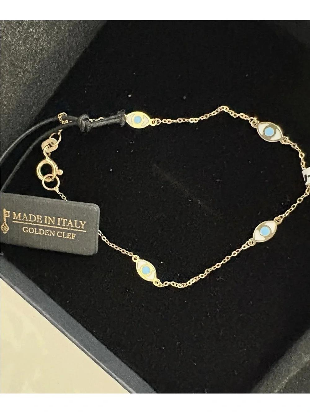 14K Yellow Gold Golden Clef Blue White Evil Eye Enamel Dainty Chain 585 Bracelet - Picture 2 of 7